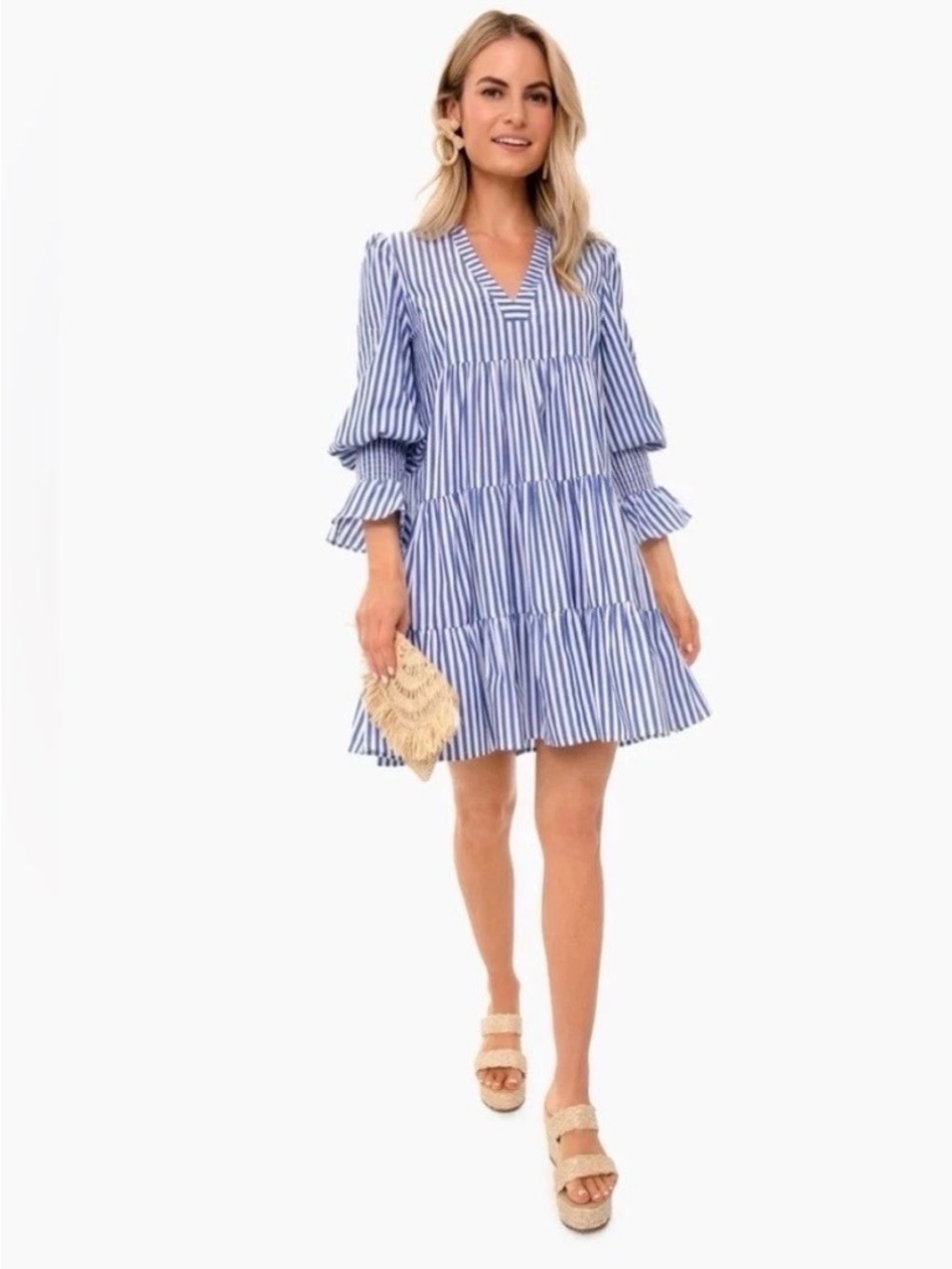 POMANDER PLACE Blue White Stripe Cotton Poplin Kenzo Dress Tiered V Neck XXL